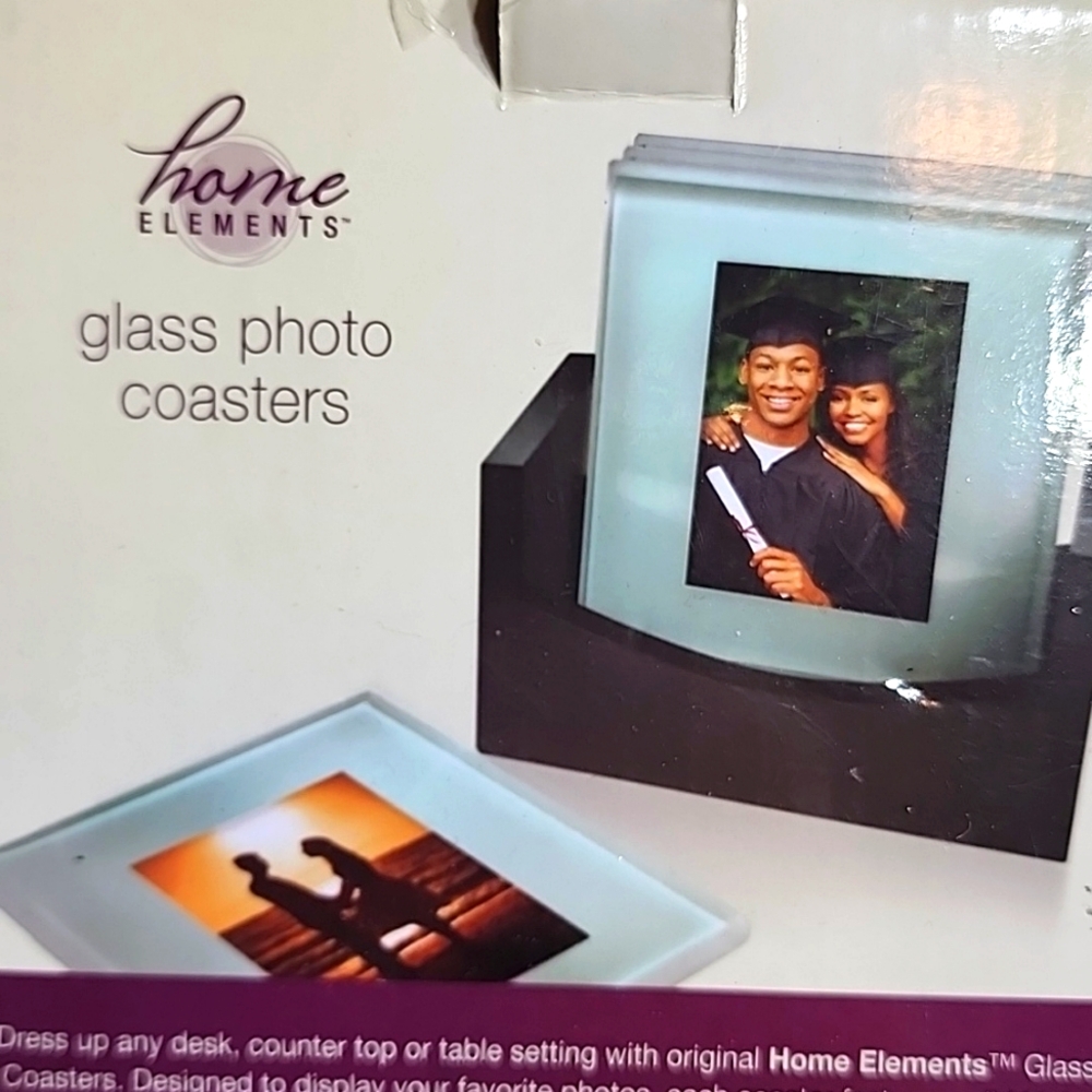 Glass Photo Coasters Set of 4 with wood holder.